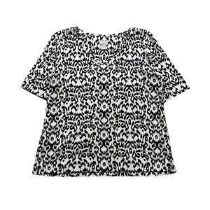 Chicos Womens Size 1 Black White Abstract Leopard Print V Neck Short Sleeve Top